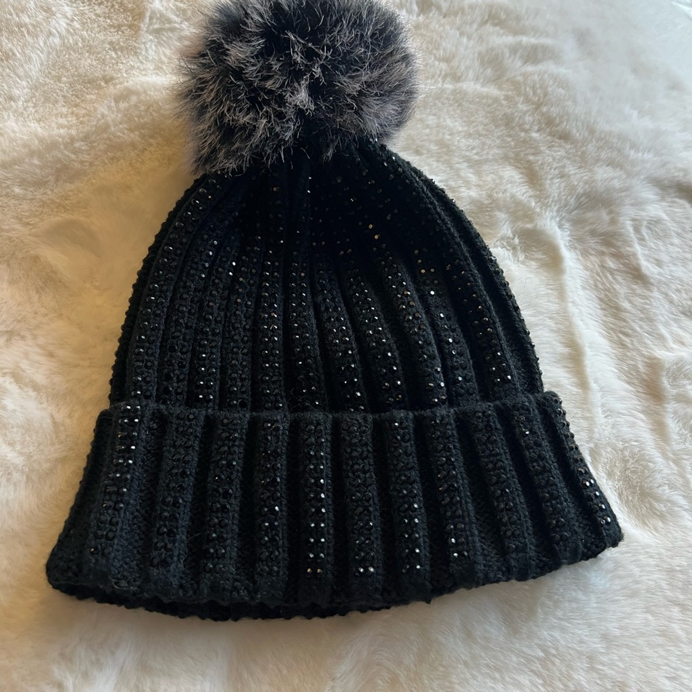 Maurices Black Rhinestone Pom Pom Beanie Faux Fur Pom Knit Winter Hat